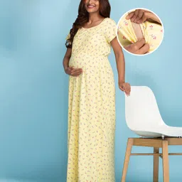 Bella Mama Half Sleeves Cotton Maternity Nighty Floral Print - Yellow-picture-14