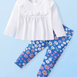 Babyhug Cotton Knit Full Sleeves Top & Floral Printed Pants Set - White & Blue-image-89
