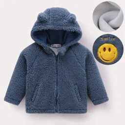 Kookie Kids Full Raglan Sleeves Hooded Fur Winter Jacket with Smiley Embroidery & 3DApplique - Navy Blue-picture-20