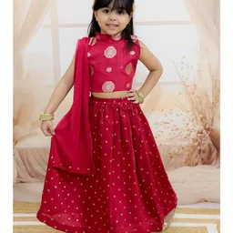 BownBee Pure Chanderi Sleeveless Foil Printed Lehenga Choli & Dupatta Set - Maroon-picture-16