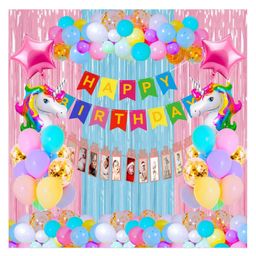 Bubble Trouble Happy Birthday Unicorn Theme Combo Items With Picture Hanging Paper Photo Bannner Pastel Balloons Curtain Shimmer For Little Kids Girl Birthday Party Decoration Set Pink Set of 39-picture-22