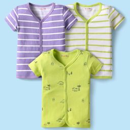 kookie kids india Kookie Kids Interlock Knit Half Sleeves Front Open Jhablas with Stripes Print Pack of 3 - Purple & Neon Green-picture-49