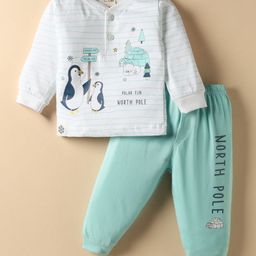 CUCUMBER Sinker Knit Full Sleeves T-shirt & Jogger Set with Polar Animal Print - White & Light Blue-picture-36