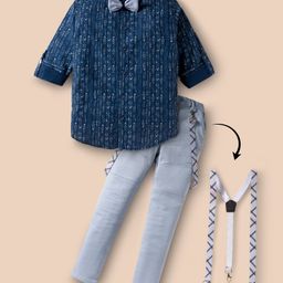Dapper Dudes Full Sleeves Abstract Printed Shirt Pant With Bow & Suspender Set - Navy Blue-picture-6
