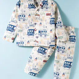 Mini Taurus Cotton Knit Full Sleeves Co-ord Night Suit with Vehicle Print - Light Blue-picture-25