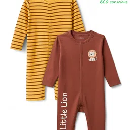 Babyoye 100% Cotton Knit Full Sleeves Striped & Lion Printed Rompers Pack of 2 - Brown & Yellow-image-22