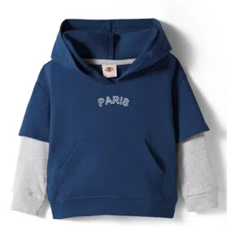 Zero Looper Knit Full Doctor Sleeves Drop Shoulder Hooded Sweatshirt with New York Embroidery & Kangaroo Pocket - Navy Blue & Grey-image-50