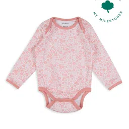 My Milestones 100% Cotton Knit Full Sleeves Floral Printed Onesie - Pink-image-5
