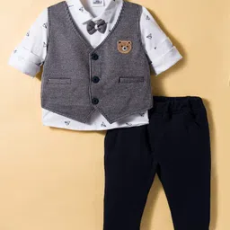Mini Taurus Cotton Knit Full Sleeves Animal Applique 3 Piece Party Suit with Attached Bow - Navy Blue-picture-35