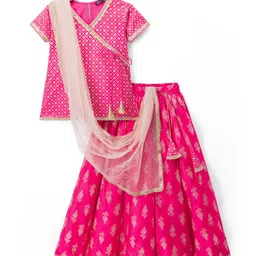 Pine Kids Cotton Woven Choli Lehenga & Dupatta Set With Floral Foil Print - Pink-picture-13