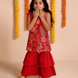 Tales & Stories Viscose Woven Sleeveless Floral Printed Kurti & Sharara Set - Red-picture-25