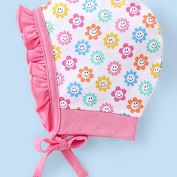 Babyhug 100% Cotton Cap with Knot Polka Dot & Floral Print Pack of 2 - Pink image 2