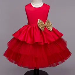 The Magic Wand Woven Sleeveless Sequins Embellished Bow Applique Detailed Layered Dress - Red image 3