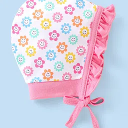 Babyhug 100% Cotton Cap with Knot Polka Dot & Floral Print Pack of 2 - Pink image 3