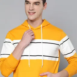 Mast & Harbour Men Yellow & White Striped Hooded Sweatshirt image 1