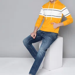 Mast & Harbour Men Yellow & White Striped Hooded Sweatshirt image 5