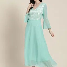 Qurvii Striped Bell Sleeve Chiffon A-Line Maxi Dress image 1