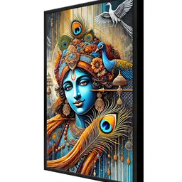 999Store Blue & Black Lord Krishna With Peacock Feathers Canvas Religious Wall Art image 2