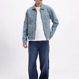 glitchez Spread Collar Zip Closure Oversized Denim Jacket with Sleeve Pocket image 3