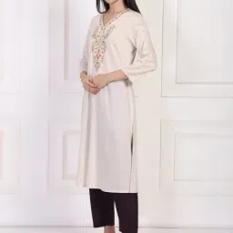 W Cream Rayon Embroidered Kurti image 4