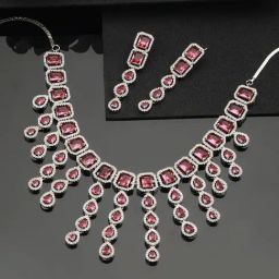 Aatmana Women's Silver-Plated Pink CZ-Stone & Emerald Handcrafted Necklace Set-picture-41