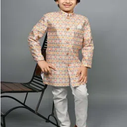 Ahhaaaa Kids Mustard & White Embroidered Full Sleeves Sherwani Set-picture-31