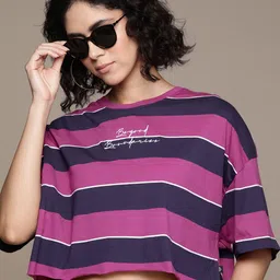 The Roadster Lifestyle Co. Striped Pure Cotton Oversized Crop T-shirt image 1