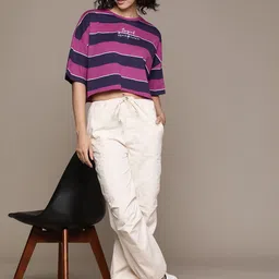 The Roadster Lifestyle Co. Striped Pure Cotton Oversized Crop T-shirt image 5