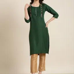 SHOWOFF Green Cotton Striped Kurta-image-16