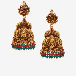 Kushal's Fashion Jewellery Silver Gold-Plated Stone Studded Dome Shaped Temple Jhumkas image 4