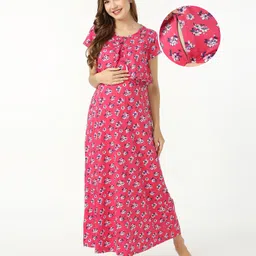 Bella Mama 100% Cotton Knit Half Sleeves Maternity Nighty With Concealed Zipper Floral Print - Pink-picture-28