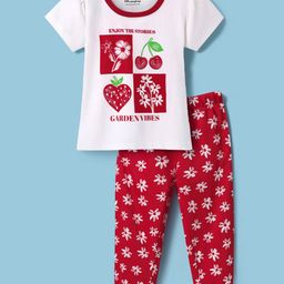 Honeyhap Premium Cotton Knit Half Sleeves Bio Finish Night Suit with Floral Print - Bright White & High Risk Red-picture-17
