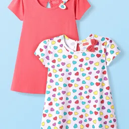 Babyhug Single Jersey Knit Half Sleeves Solid & Heart Printed Dresses With Bow Applique Pack of 2 - White & Dark Pink-picture-36