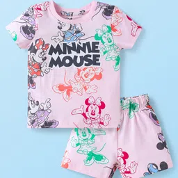 Babyhug Disney Single Jersey Knit Half Sleeves Co-ords Shorts Night Suit with Minnie Mouse Print - Pink-picture-17