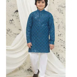 AJ Dezines Schiffli Full Sleeves Floral Embroidered Sequins Embellished Kurta Pyjama Set - Blue-picture-25