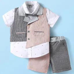 ToffyHouse Poplin Woven Half Sleeves Checks & Printed 3 Piece Party Suit With Bow - Multicolor-image-4