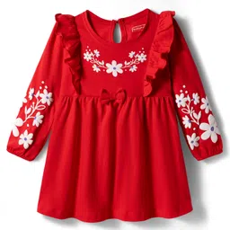 Babyhug Cotton Knit Full Sleeves Frock With Floral Embroidery Bow Applique & Frill Detailing - Red-picture-26