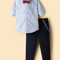 Babyhug Cotton Woven Full Sleeves Floral Printed Party Shirt & Trouser Set With Bow & Suspender - Navy Blue & White-picture-17