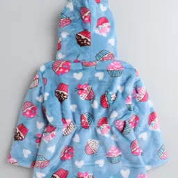 M'andy Faux Shearling Full Sleeves Cup Cakes Printed Hooded Zipper Jacket - Blue image 3