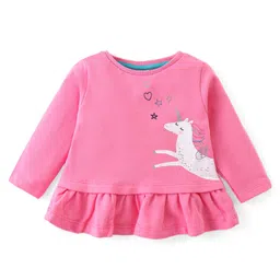 Simply Single Jersey Knit Full Sleeves Top & Lounge Pants Set With Unicorn Print - Pink image 2