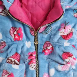 M'andy Faux Shearling Full Sleeves Cup Cakes Printed Hooded Zipper Jacket - Blue image 4