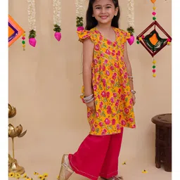 Little Ginnie Cotton Woven Cap Sleeves Floral Printed Gota Patti Kurti Palazzo Set - Yellow image 4