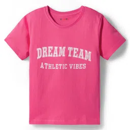 kookie kids india Kookie Kids Single Jersey Knit Half Sleeves Night Suit With Text & Star Print - Pink image 2