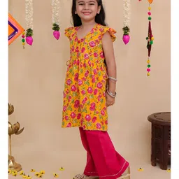 Little Ginnie Cotton Woven Cap Sleeves Floral Printed Gota Patti Kurti Palazzo Set - Yellow image 5