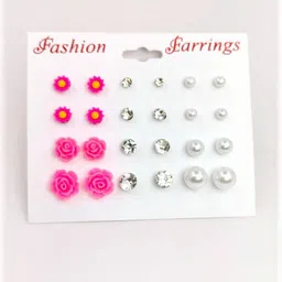Honbon Set of 12 & Multi Plastic Artificial Stones & Beads Earrings-image-7