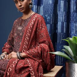 Taavi Ethnic Motifs Printed Regular Ajrakh Kurta with Trousers & Dupatta-picture-21