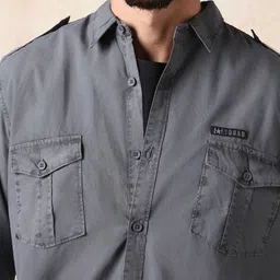 High Star Men Regular Fit Utility Heavy Washed Spread Collar Solid Cotton Casual Shirt image 3