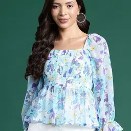 DressBerry Floral Print Puff Sleeve Georgette Peplum Top-picture-31