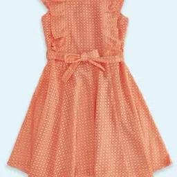 Pantaloons Junior Burnt Orange Cotton Textured Pattern Party Dress-image-65