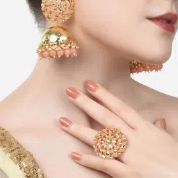 Zaveri Pearls Peach Stones & Beads Traditional Jhumki Earring & Ring Set-ZPFK14587-picture-23